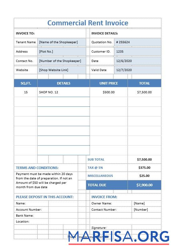 Blank Commercial Rent Invoice Template